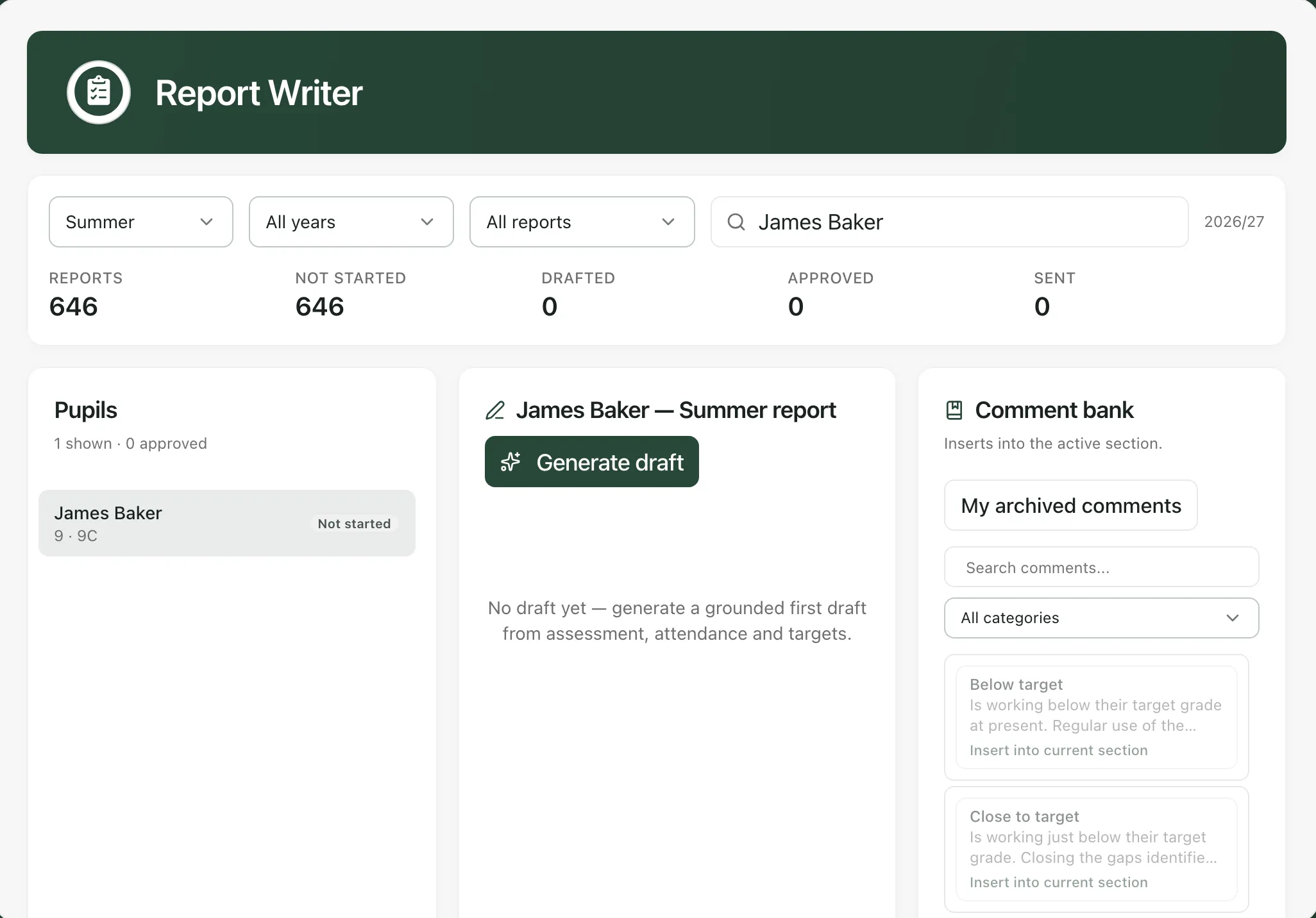 Report Writer with the Summer term chosen and James Baker found by search. His report is Not started, and the middle panel shows James Baker — Summer report with a Generate draft button. The Comment bank is on the right.
