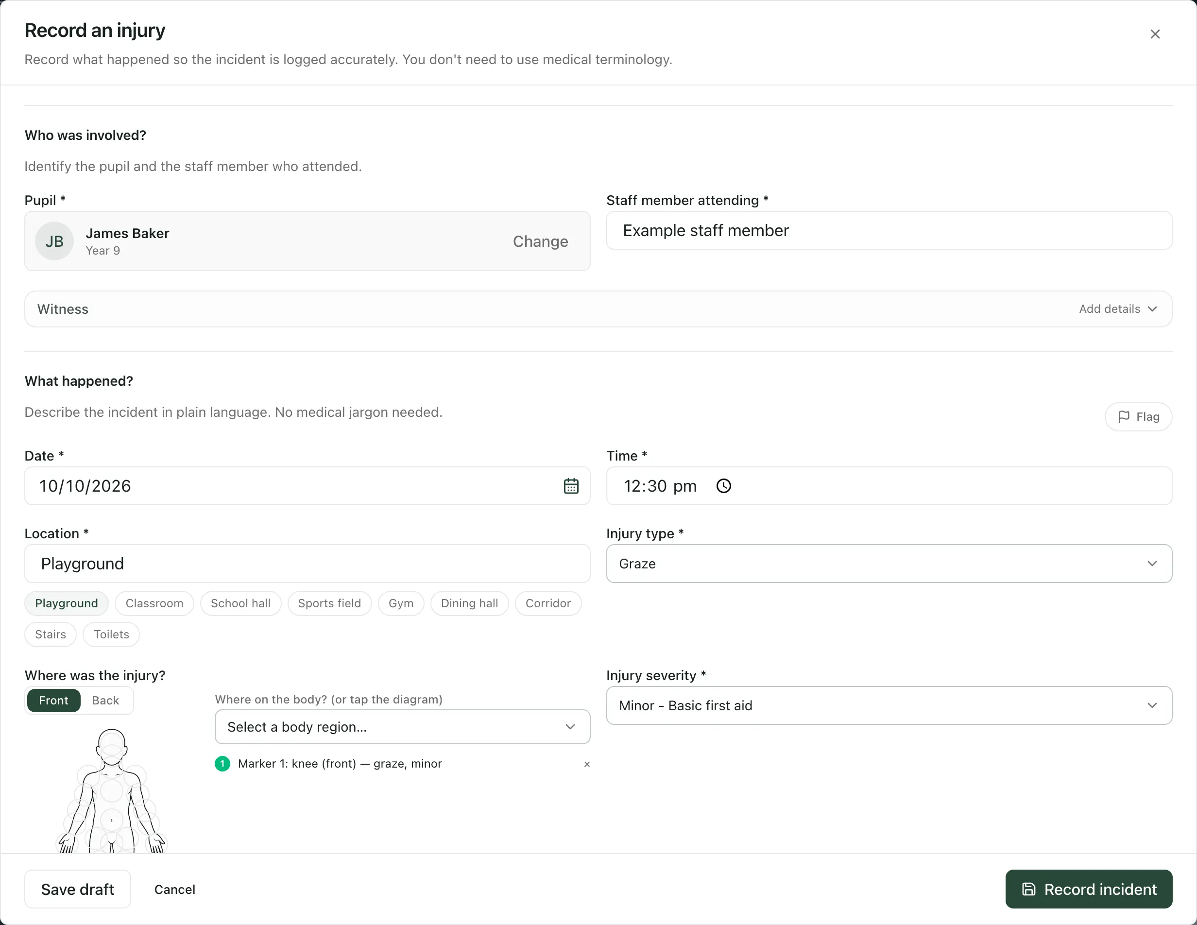 The Record an injury form started from the Grazed knee preset, for James Baker. The staff member, date, time and Playground location are filled in, the injury type is Graze, a knee marker is on the body diagram and the severity is Minor - Basic first aid.