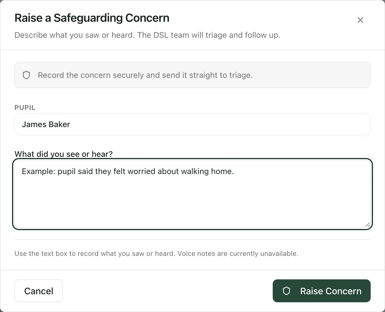 The Raise a Safeguarding Concern window from James Baker’s profile, with an example description typed in and the Raise Concern button at the bottom.