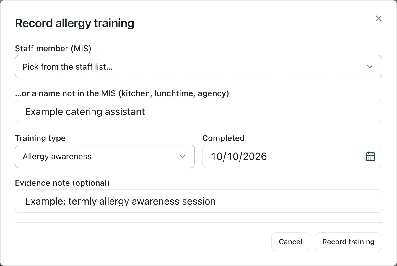 The Record allergy training window, filled in with made-up details: a name typed in for someone not on the MIS, Allergy awareness, a completed date and an evidence note. Cancel and Record training are at the bottom.
