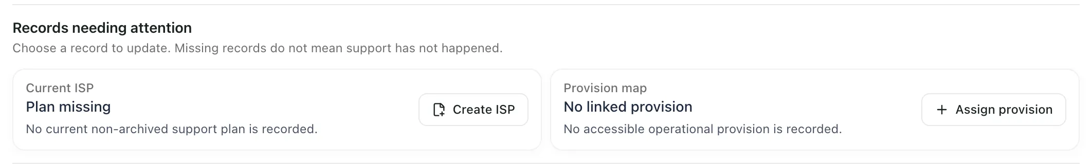 The Records needing attention panel in a support story. Current ISP shows Plan missing with a Create ISP button. Provision map shows No linked provision with an Assign provision button.