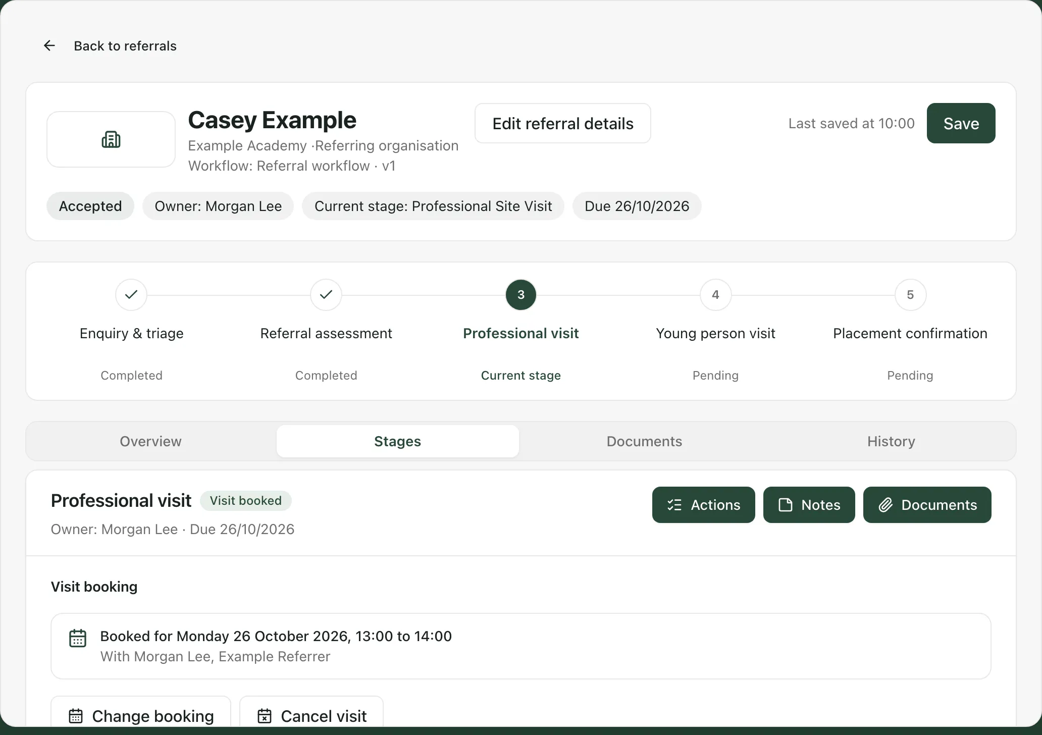 A referral open on the Stages tab. The header shows the young person’s name, the referring school, the workflow version, the owner and the due date. The five steps run across the page, with the first two completed and Professional visit as the current stage. Below is the Professional visit card with its Actions, Notes and Documents buttons and a visit booked for Monday 26 October 2026.