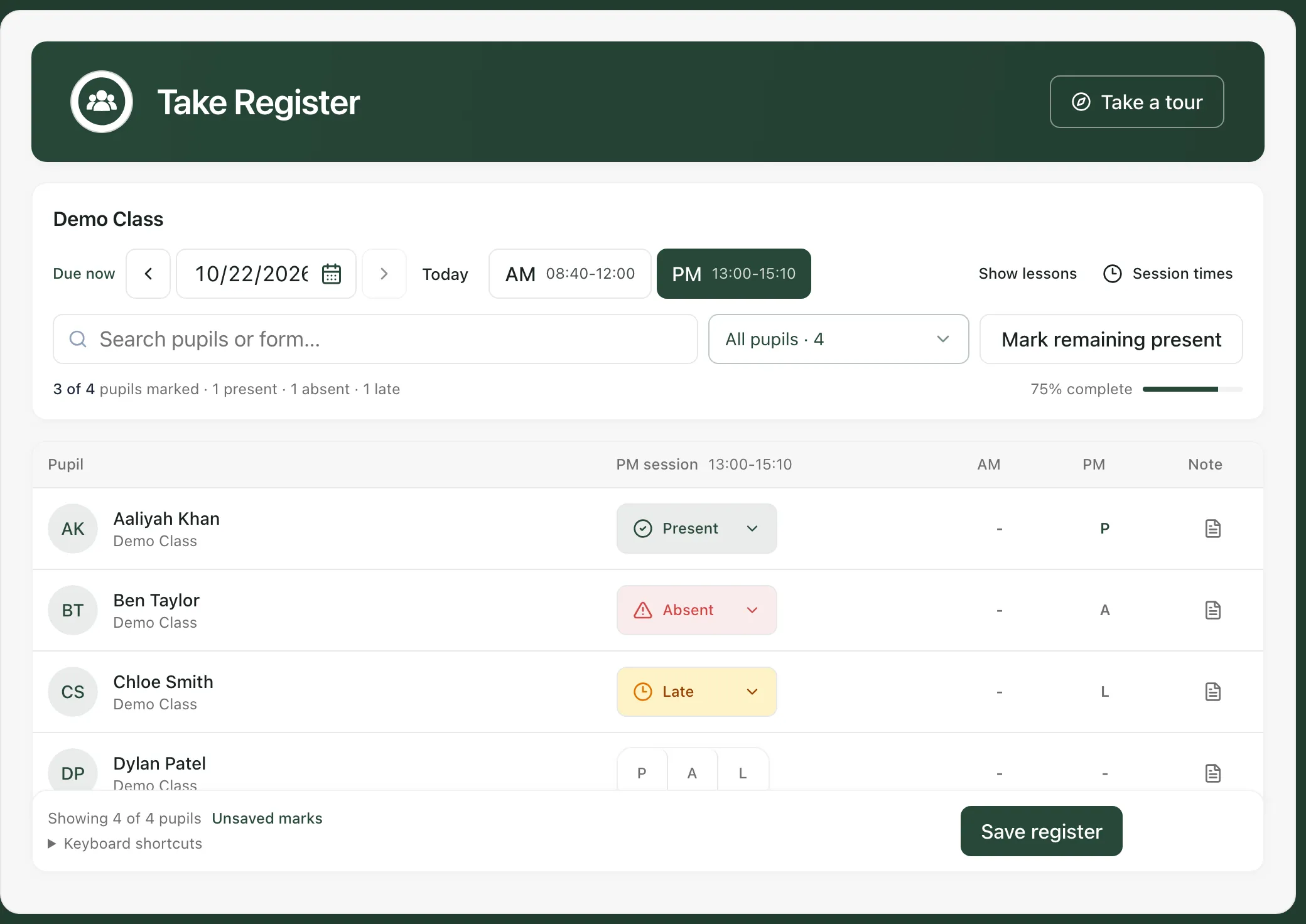 The register for a sample class with four pupils. Three have marks: Present, Absent and Late. The fourth still shows the P, A and L buttons. The bar at the bottom says Unsaved marks, next to the Save register button.