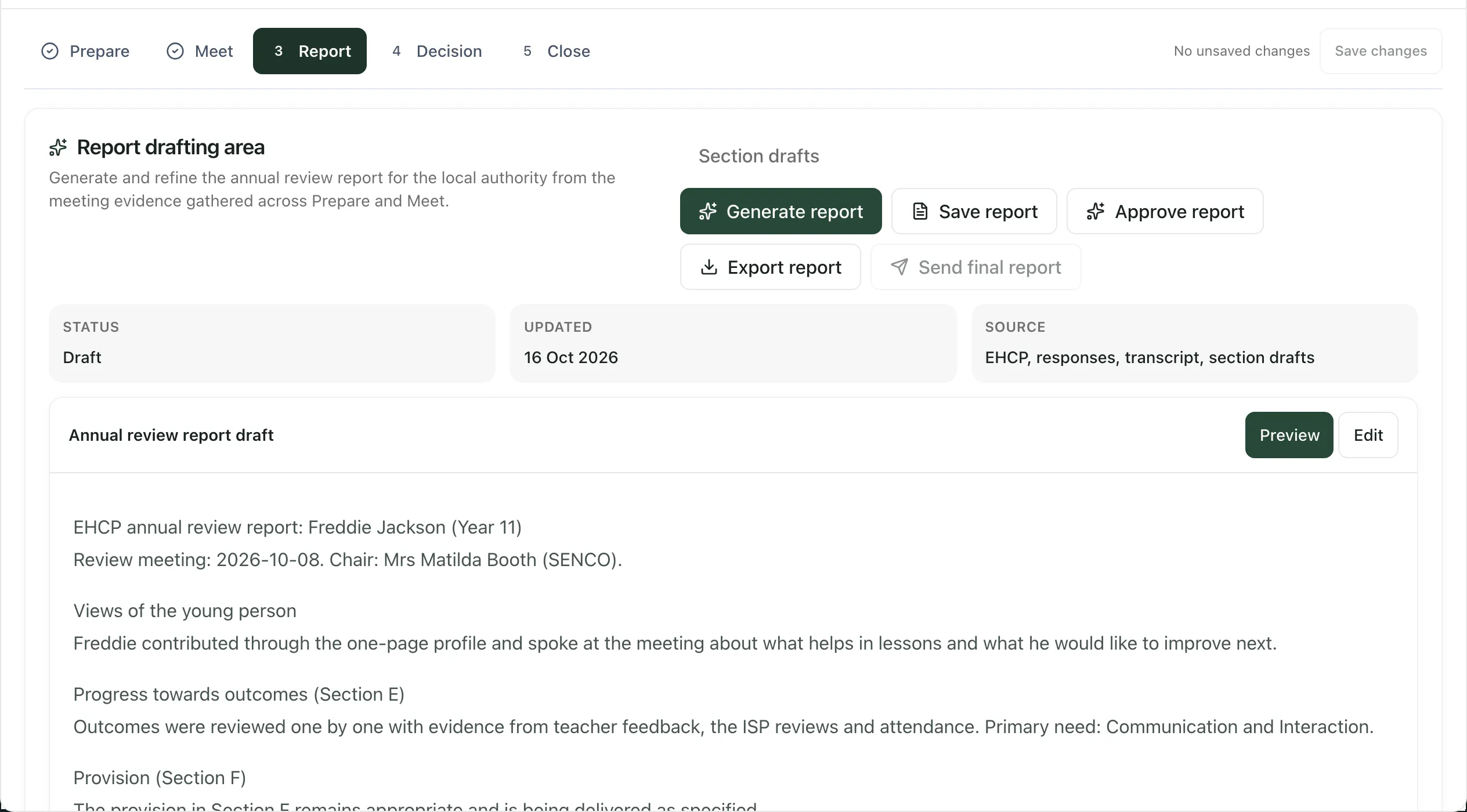 Freddie Jackson’s review on the Report stage. The Report drafting area has Section drafts, Generate report, Save report, Approve report, Export report and a greyed-out Send final report. Below are the report’s Status (Draft), when it was Updated and its Source, then the Annual review report draft in Preview.