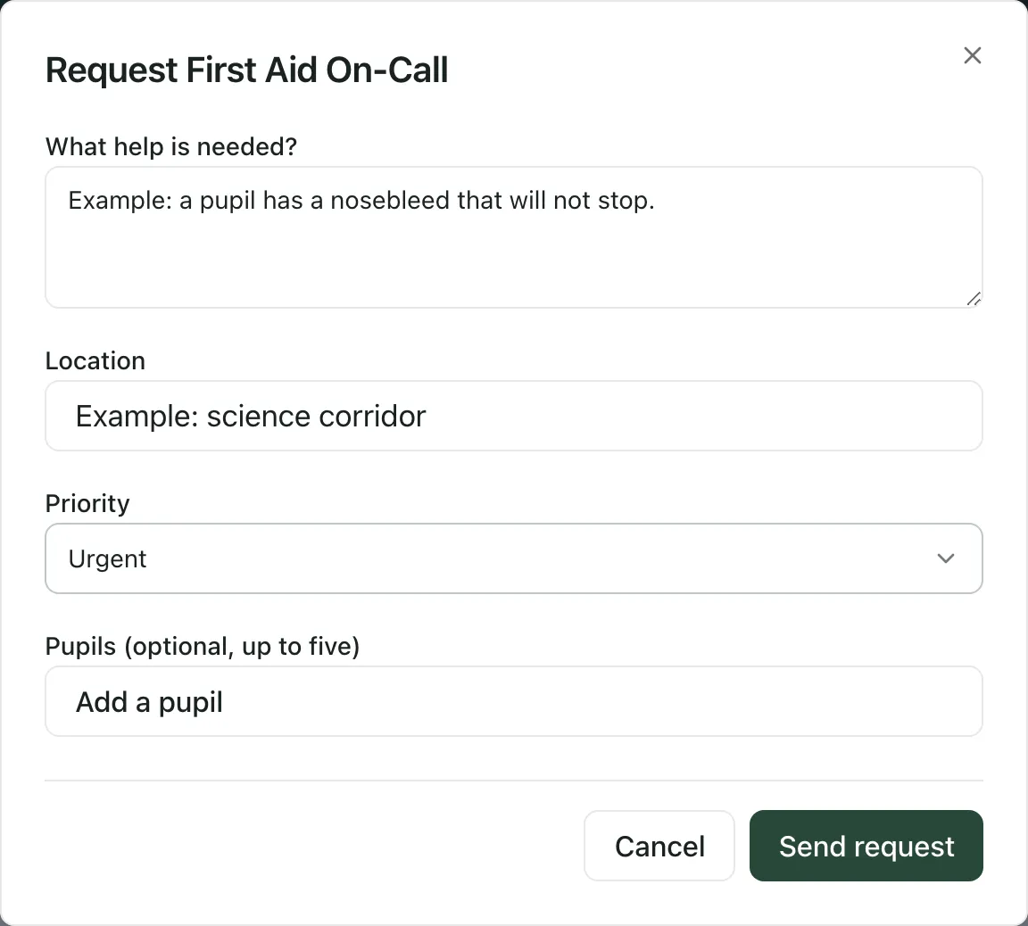 The Request First Aid On-Call form with an example description and location, the priority set to Urgent, Add a pupil, and the Cancel and Send request buttons.