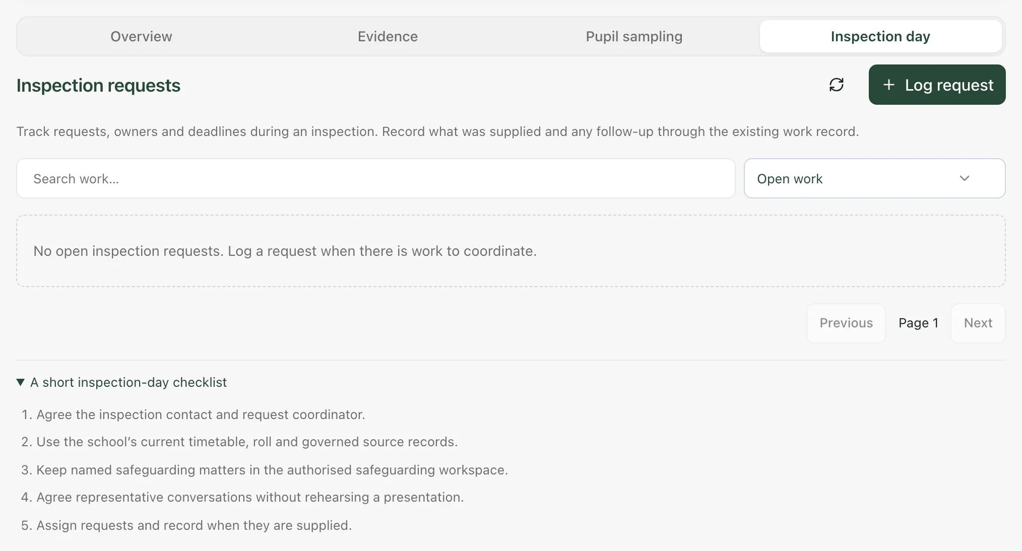The Inspection day tab. Inspection requests has a Log request button, a search box and an Open work filter, with no open requests yet. A short inspection-day checklist is open below.