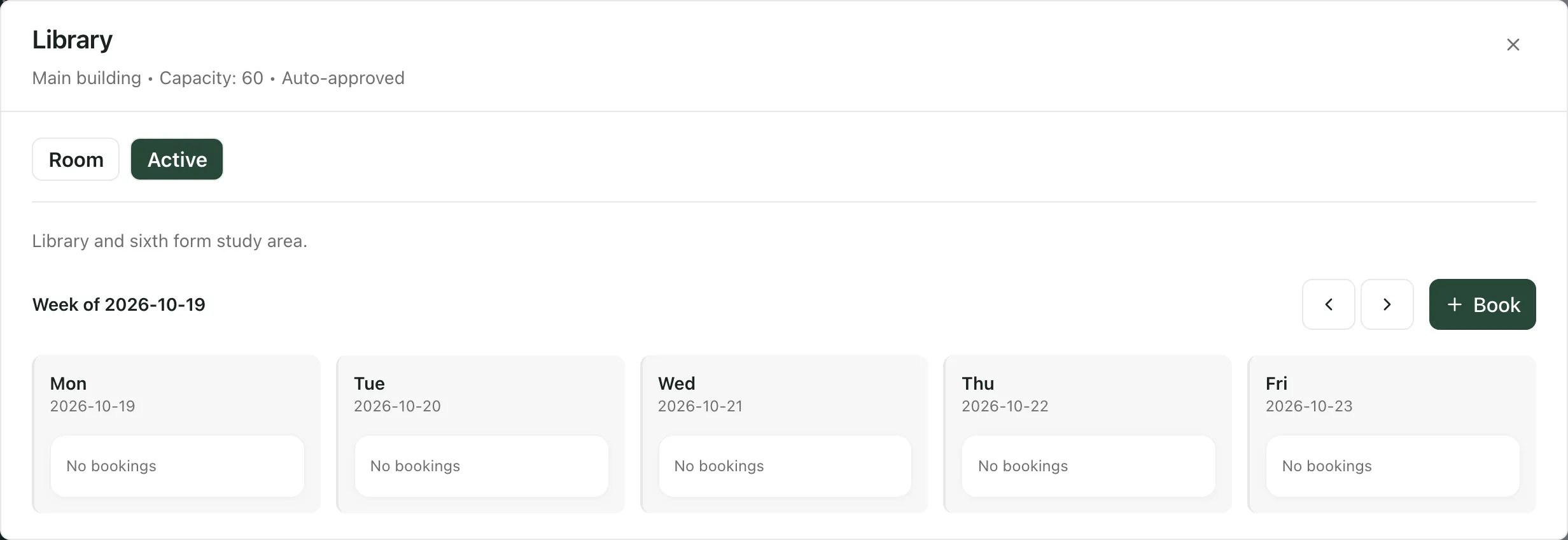 The Library’s week from Monday to Friday, with No bookings on each day and the Book button at the top right.