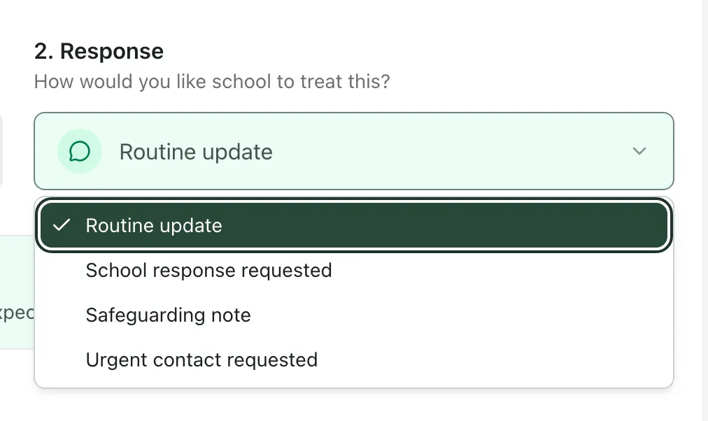 The Response list open, showing Routine update, School response requested, Safeguarding note and Urgent contact requested.