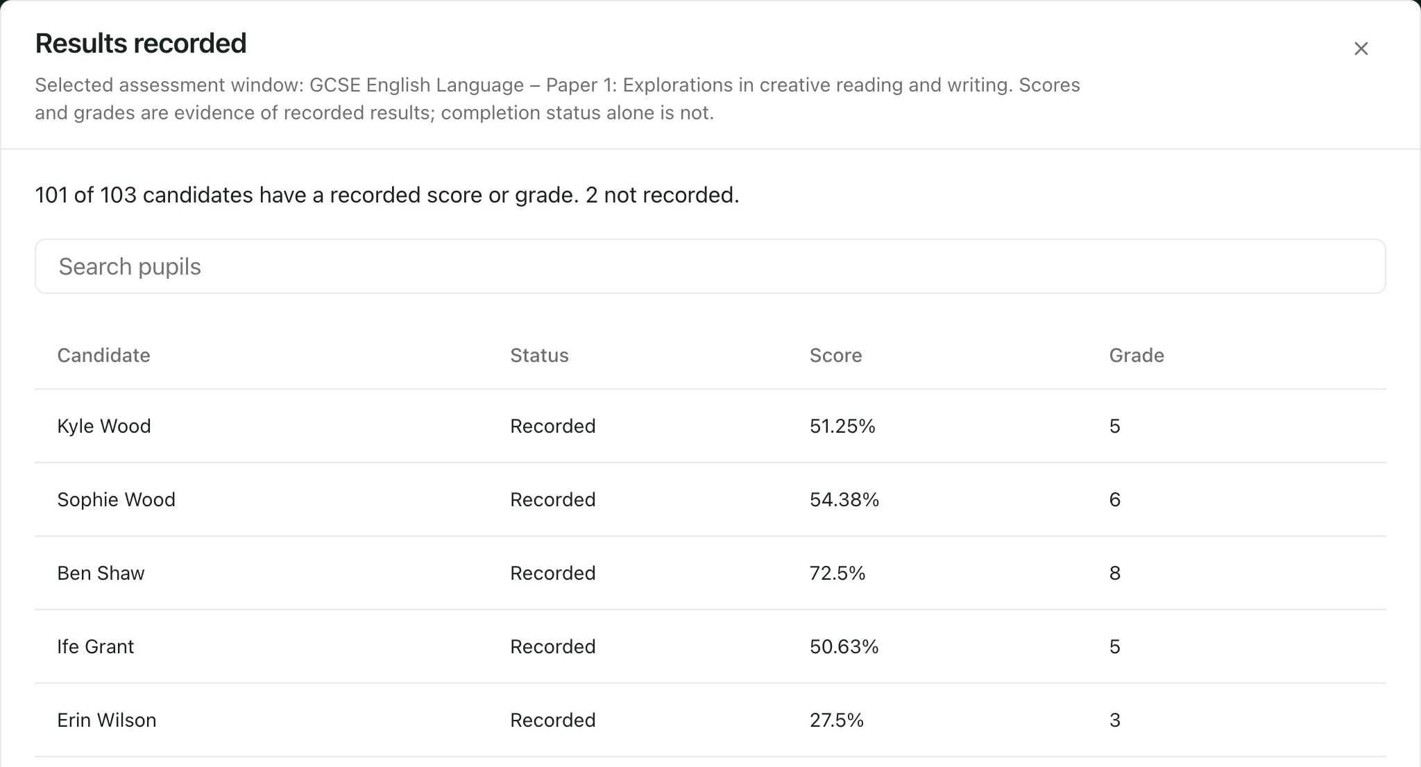 The Results recorded check for GCSE English Language Paper 1. It says 101 of 103 candidates have a recorded score or grade, with 2 not recorded, then lists each candidate with their status, score and grade.