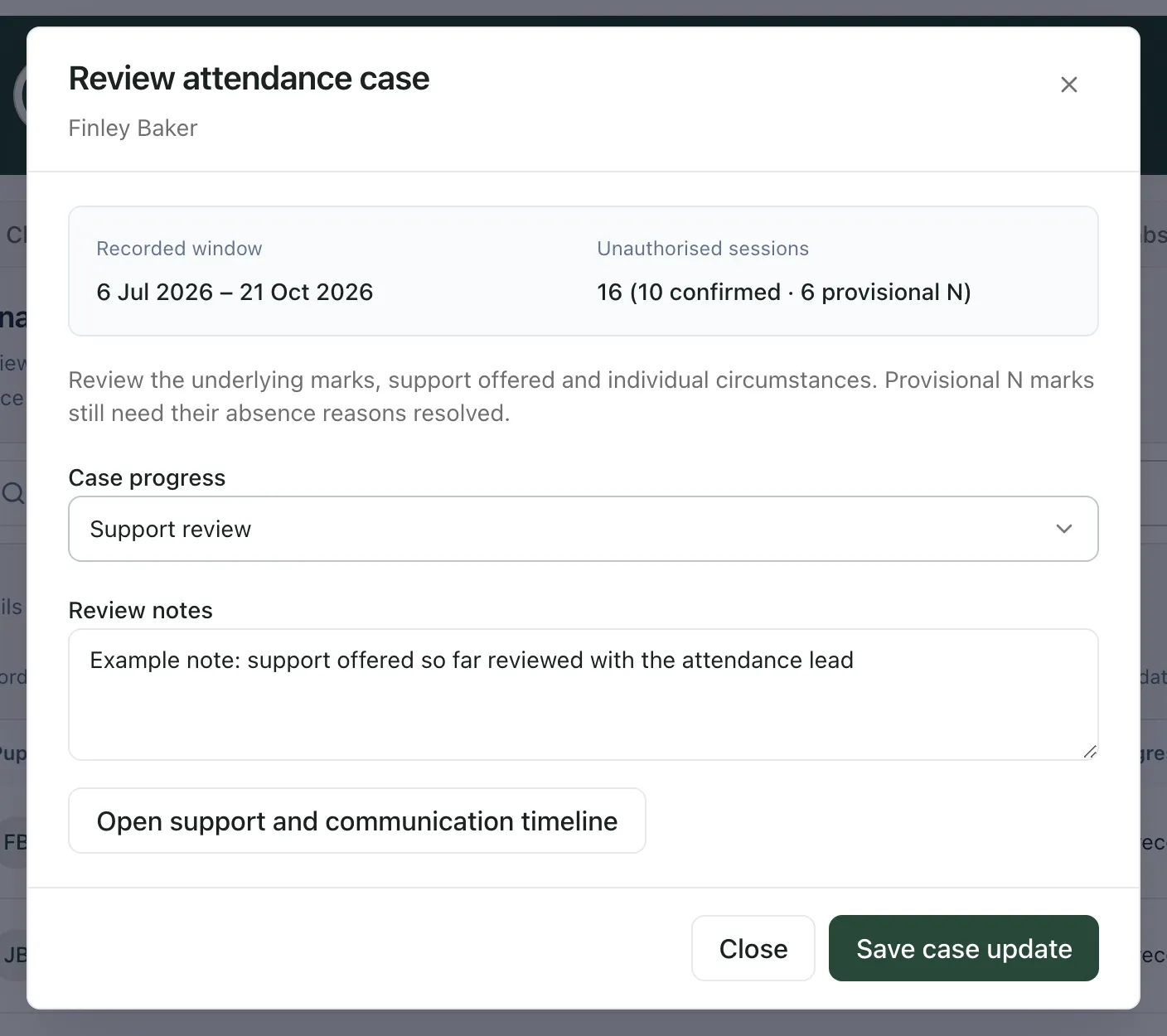 The Review attendance case dialog for Finley Baker: the recorded window, 16 unauthorised sessions, Case progress set to Support review and an example review note. Close and Save case update are at the bottom.