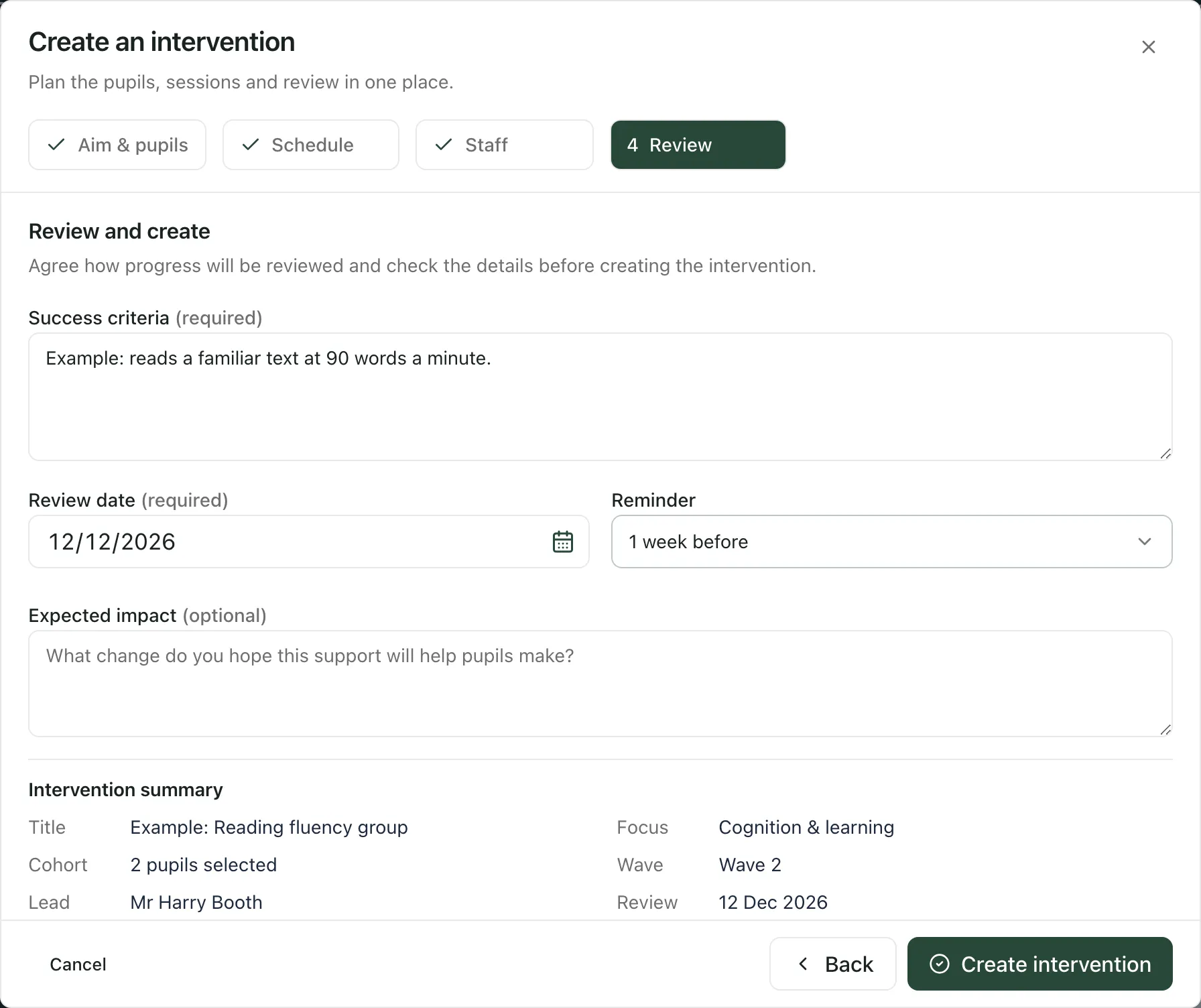 Step 4. Success criteria and a review date of 12/12/2026 are entered, with a reminder 1 week before. The intervention summary shows the title, focus, 2 pupils, Wave 2, the lead and the review date. Back and Create intervention are at the bottom.