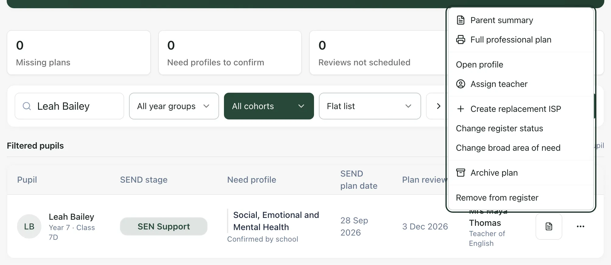 Leah Bailey’s row on the SEND Register with its menu open. The menu includes Change register status, Change broad area of need and Remove from register.