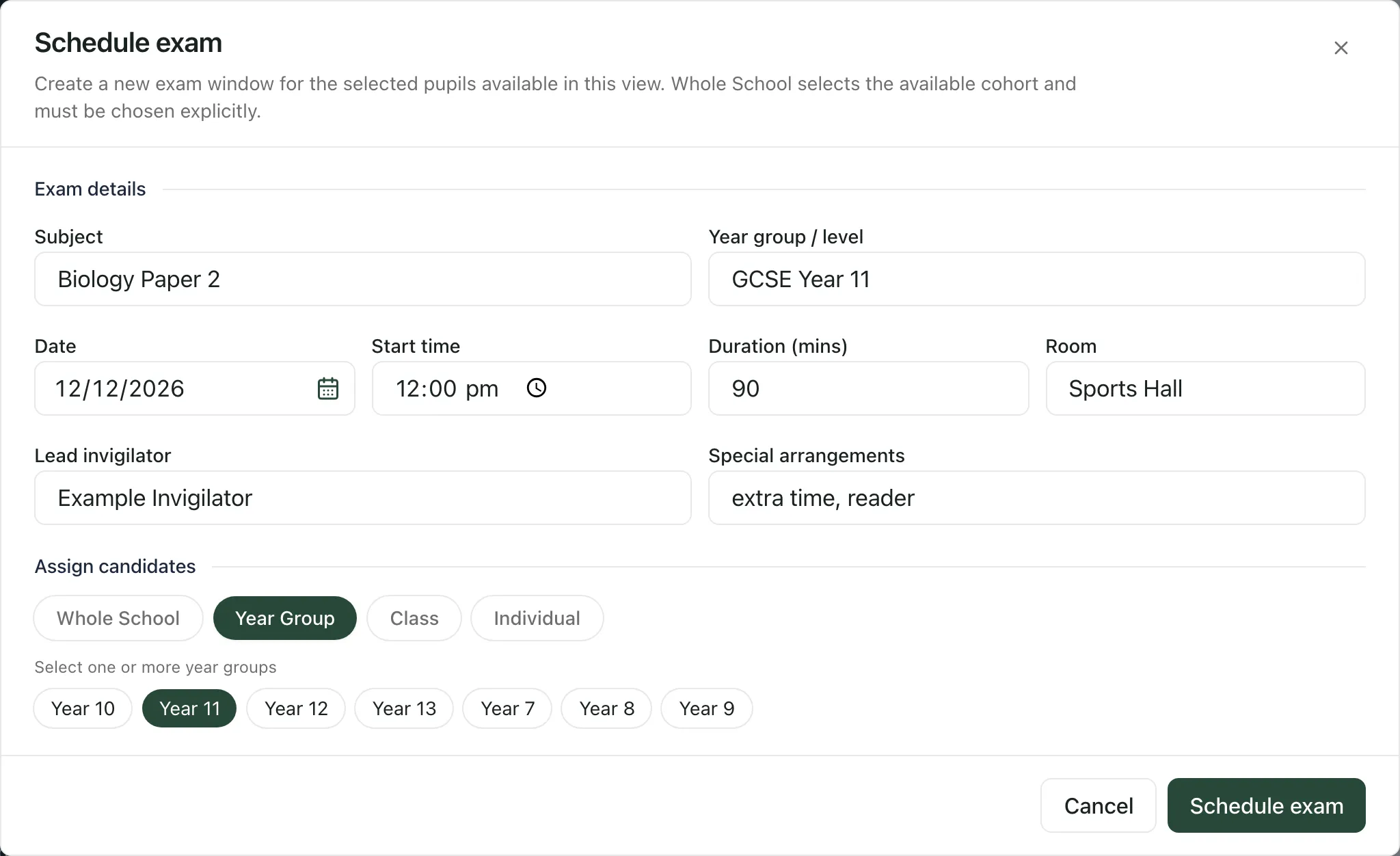 The Schedule exam form filled in for Biology Paper 2, GCSE Year 11, on 12 December 2026 at 12 in the Sports Hall, lasting 90 minutes, with extra time and a reader as special arrangements. Year Group is chosen and Year 11 is selected.