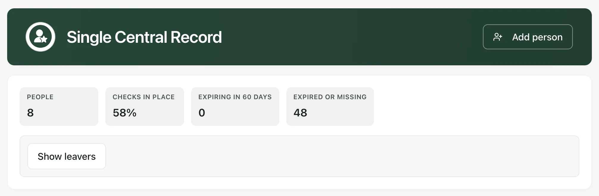 The Single Central Record banner with the Add person button, and the totals: People 8, Checks in place 58%, Expiring in 60 days 0, Expired or missing 48, with the Show leavers button.