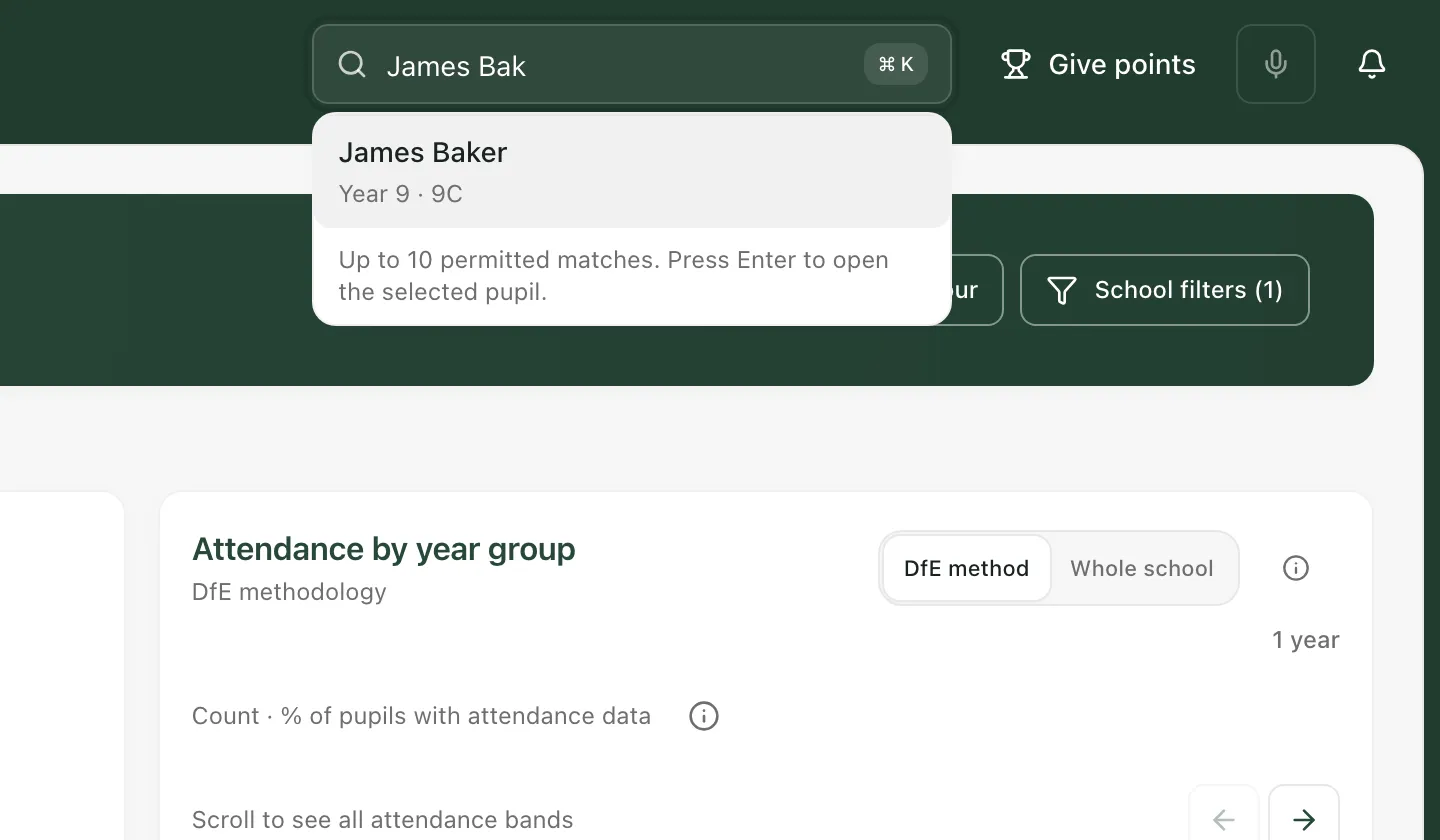 The search box with “James Bak” typed in. The list shows one match: James Baker, Year 9 · 9C.