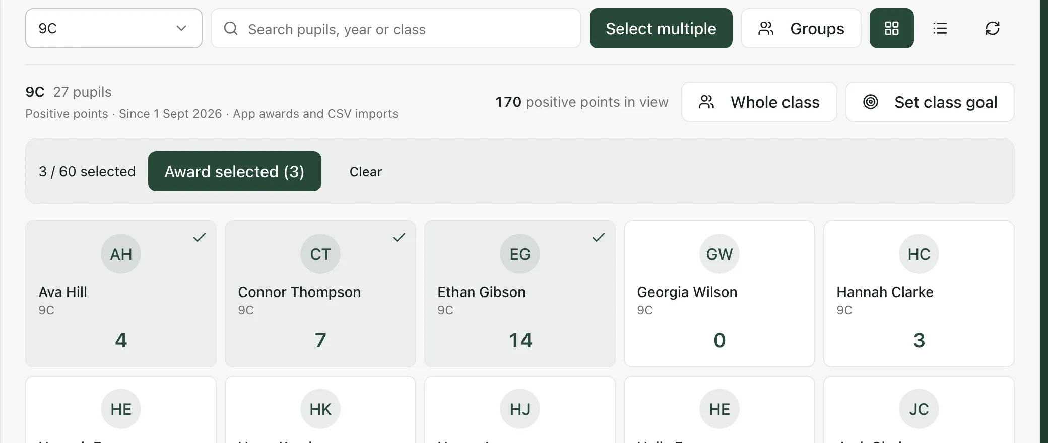 Select multiple is on and three pupils are ticked: Ava Hill, Connor Thompson and Ethan Gibson. The bar says 3 / 60 selected, next to Award selected (3) and Clear.