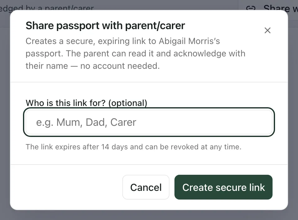 The Share passport with parent/carer window for Abigail Morris, with the optional Who is this link for? box, Cancel and Create secure link.