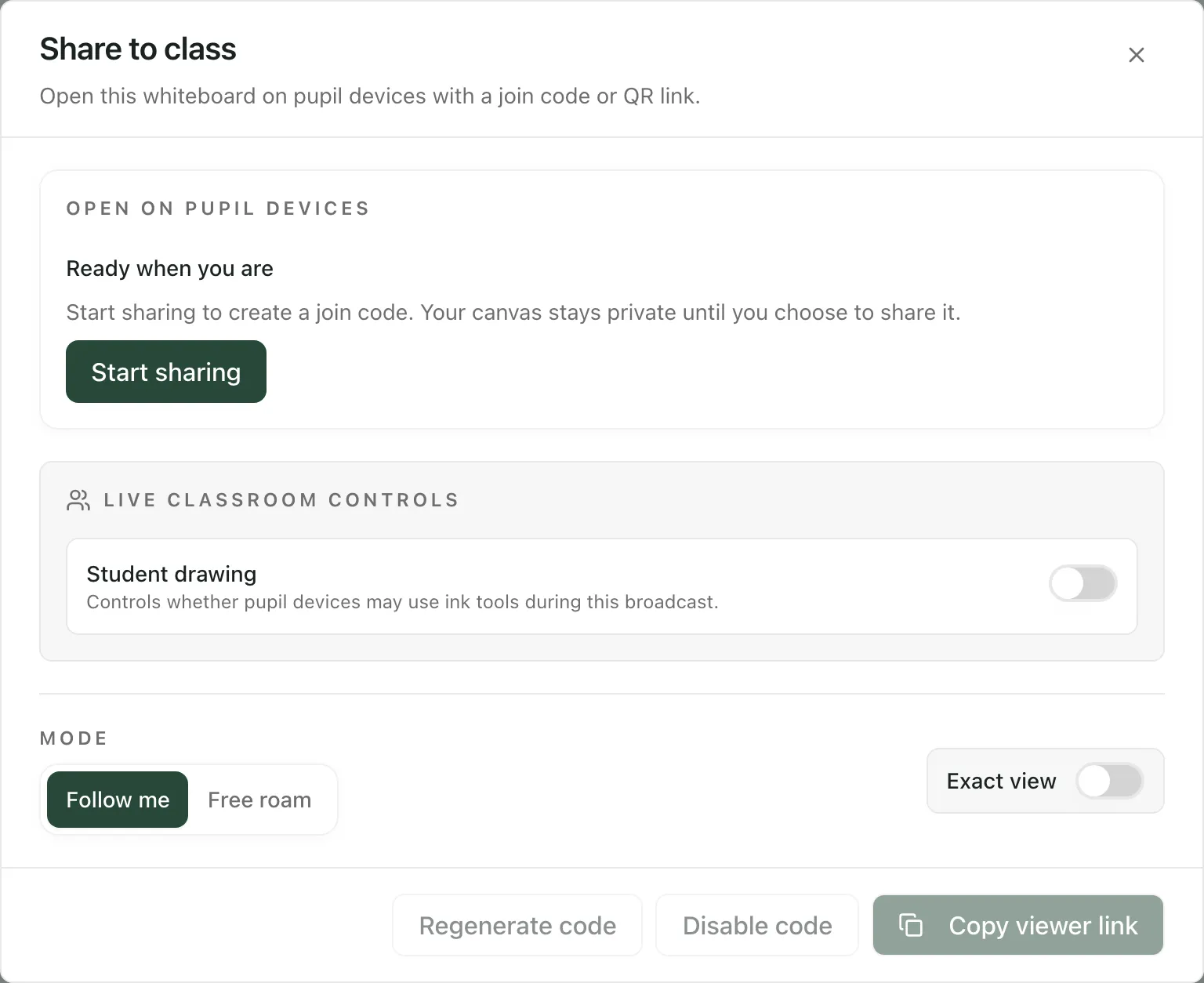 The Share to class window before sharing. Open on pupil devices says Ready when you are, with a Start sharing button. Below are Live classroom controls with a Student drawing switch, and Mode with Follow me and Free roam.