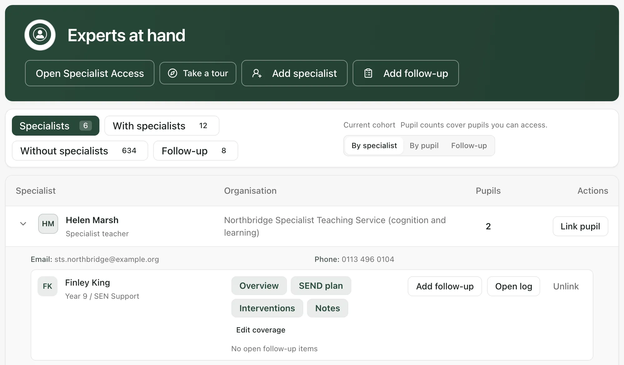 Experts at hand, listing specialists with their organisation and number of pupils. Helen Marsh, a specialist teacher, is opened to show her email and phone number and a linked pupil, Finley King, with the areas supported and the Add follow-up, Open log and Unlink buttons.