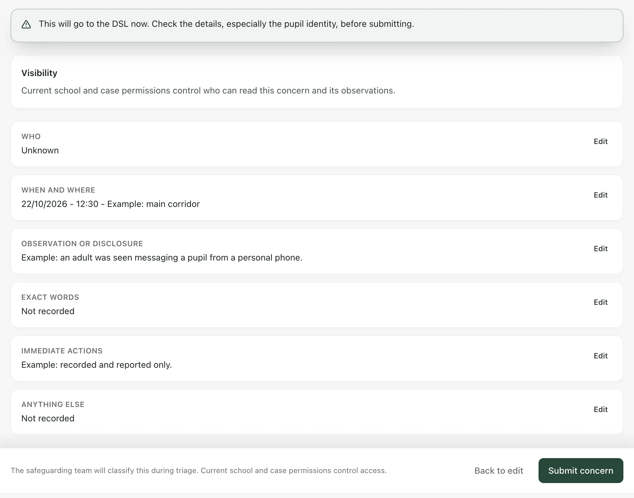 The review screen for a staff concern. Who shows Unknown, followed by When and where, Observation or disclosure, Exact words, Immediate actions and Anything else, with Back to edit and Submit concern at the bottom.