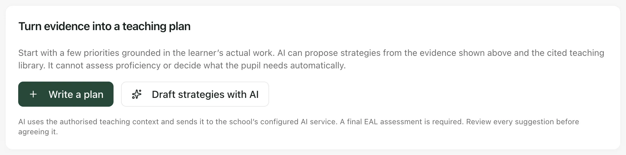 The Turn evidence into a teaching plan card, with Write a plan and Draft strategies with AI buttons and a note that AI needs a final EAL assessment and every suggestion must be reviewed.