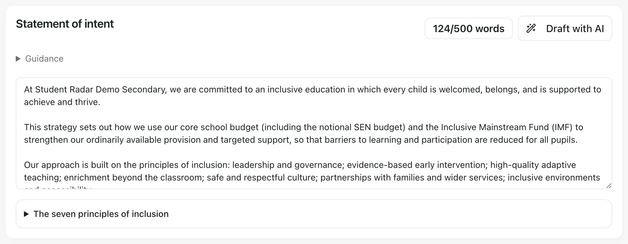 The Statement of intent card with a 124/500 words count and a Draft with AI button. The text box holds an opening statement that names the school and the principles of inclusion.
