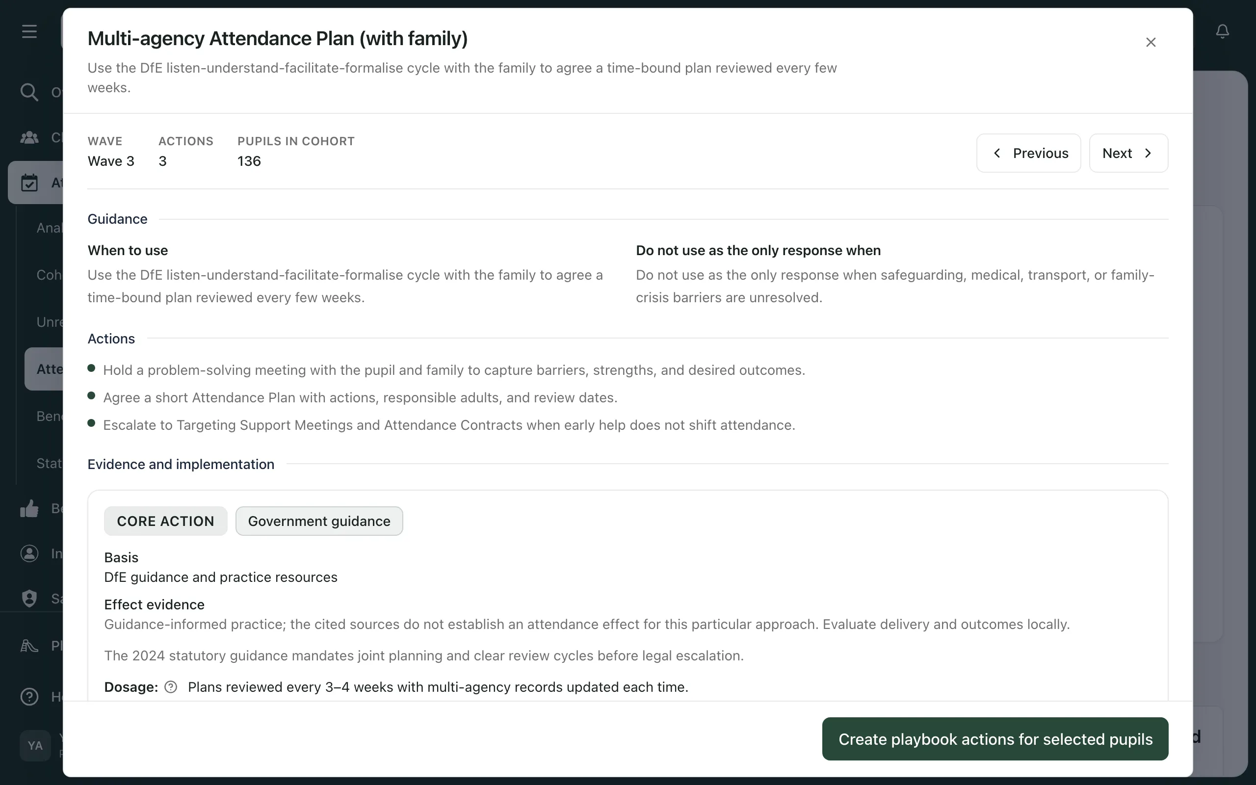 The full guidance for Multi-agency Attendance Plan (with family): Wave 3, 3 actions, the When to use guidance, the three actions and the start of the evidence.