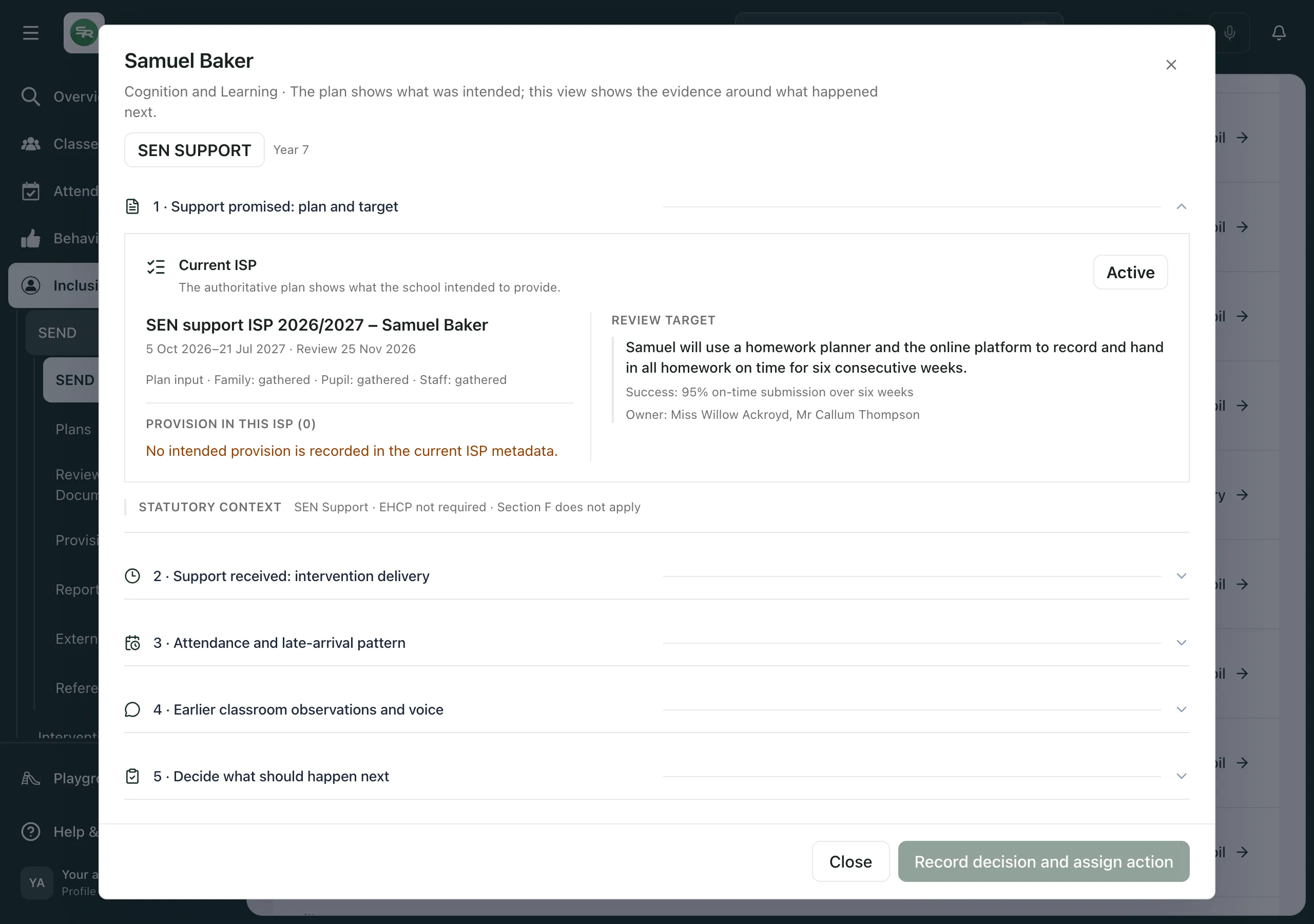 Samuel Baker’s support story, open on Support promised: plan and target. It shows his active ISP, its dates and review date, and the review target with its success criteria and owners.