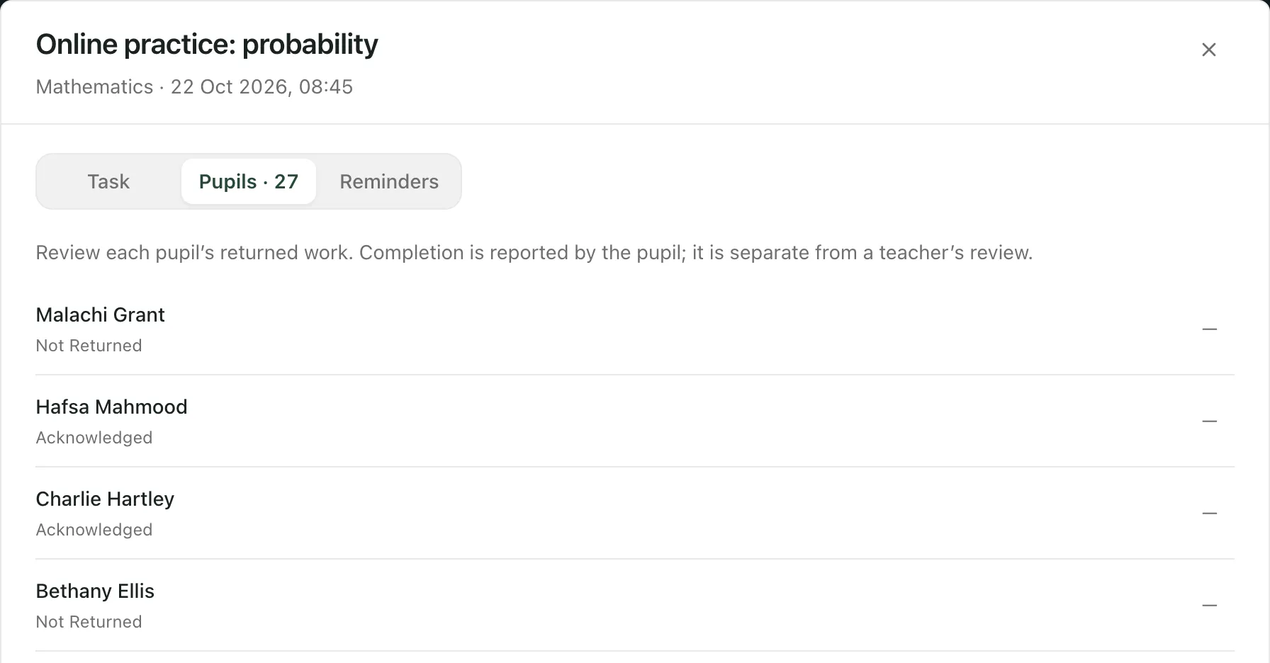 The Pupils tab of the task Online practice: probability. Four pupils are shown: Malachi Grant and Bethany Ellis have not returned the work, and Hafsa Mahmood and Charlie Hartley have acknowledged it.