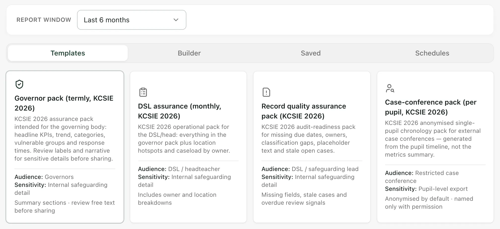 The Report window set to Last 6 months, the Templates, Builder and Saved tabs, and four template cards: the governor pack, the DSL assurance pack, the record quality pack and the case-conference pack. Each card shows its audience and sensitivity.