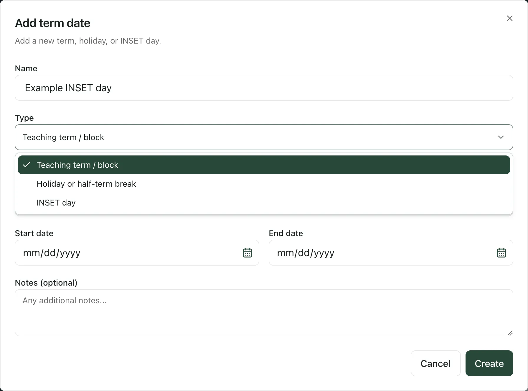 The Add term date window with the Type list open, showing Teaching term / block, Holiday or half-term break and INSET day.