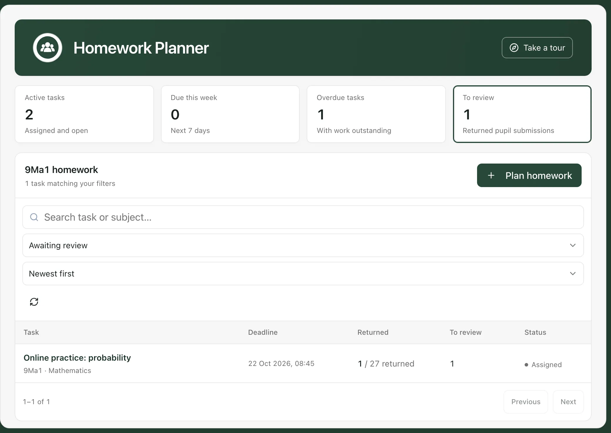 The Homework Planner for the class 9Ma1 with To review selected. One task is listed: Online practice: probability, with 1 of 27 pupils returned and 1 to review.