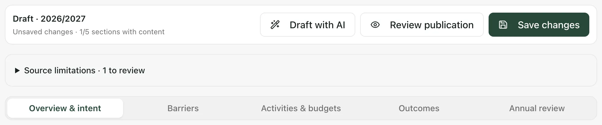 The strategy toolbar: Draft · 2026/2027, Unsaved changes · 1/5 sections with content, with Draft with AI, Review publication and Save changes. Below are a folded Source limitations panel and the five sections.