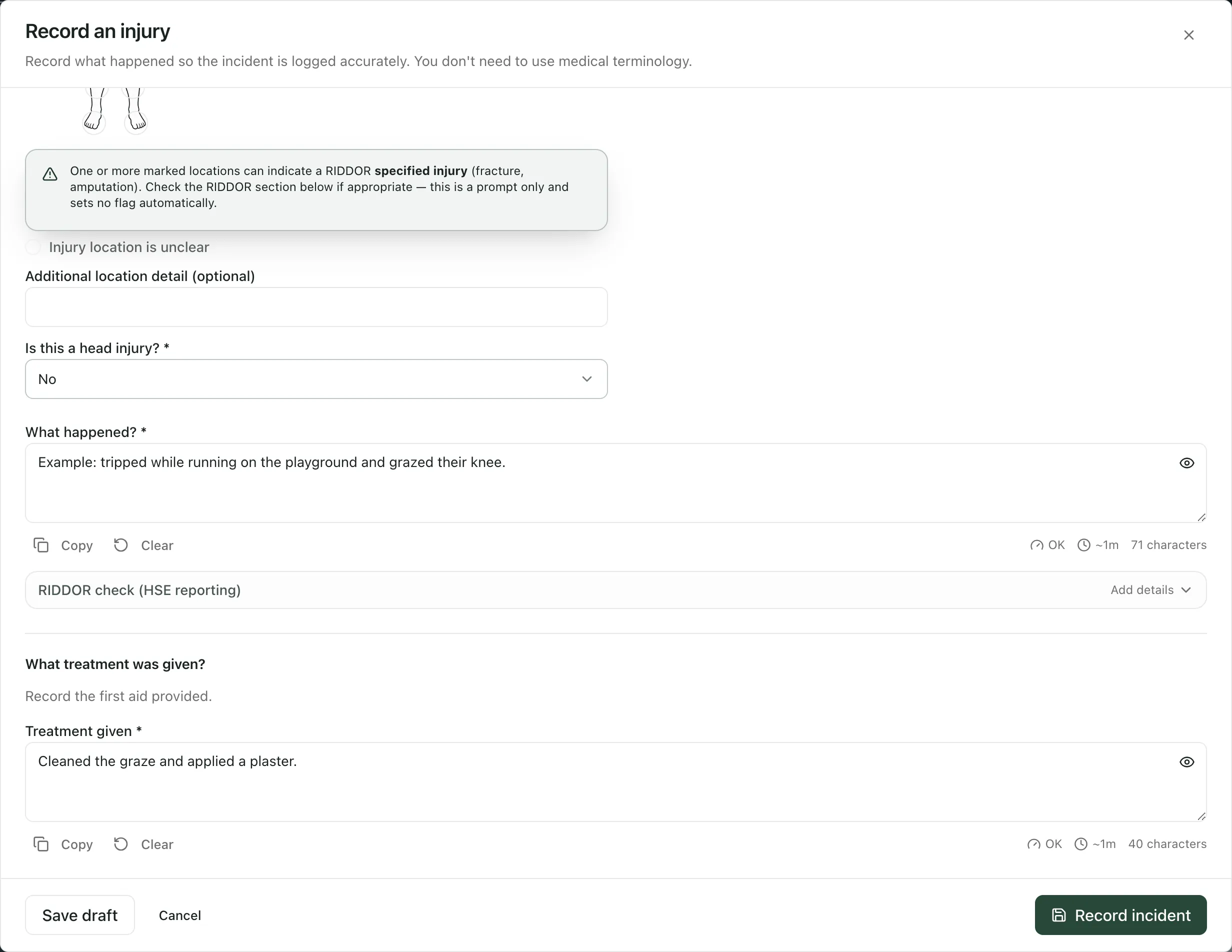 The end of the form: Is this a head injury? is set to No, What happened? has an example description, Treatment given shows the preset note, and Record incident is at the bottom right.