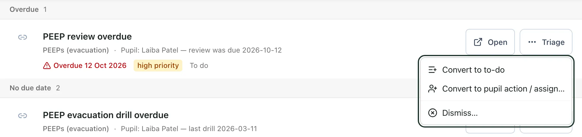 A PEEP review for Laiba Patel in My Actions, with the Triage menu open showing Convert to to-do, Convert to pupil action / assign… and Dismiss….
