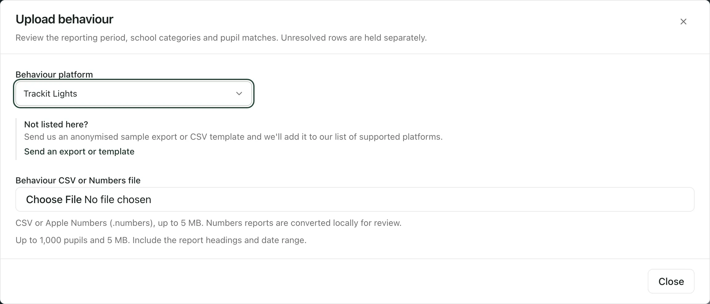 The Upload behaviour window. Behaviour platform is set to Trackit Lights. Below it are a note about platforms that aren’t listed and the box for choosing a CSV or Numbers file.