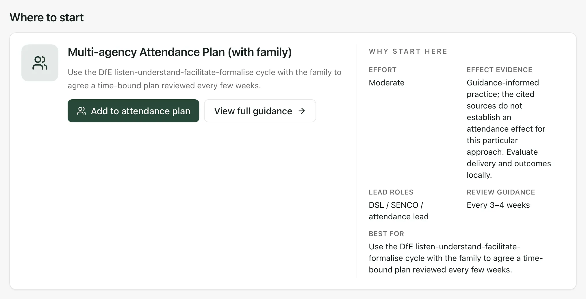 Where to start for Wave 3: Multi-agency Attendance Plan (with family), with its summary, the Add to attendance plan and View full guidance buttons, and the Why start here details.