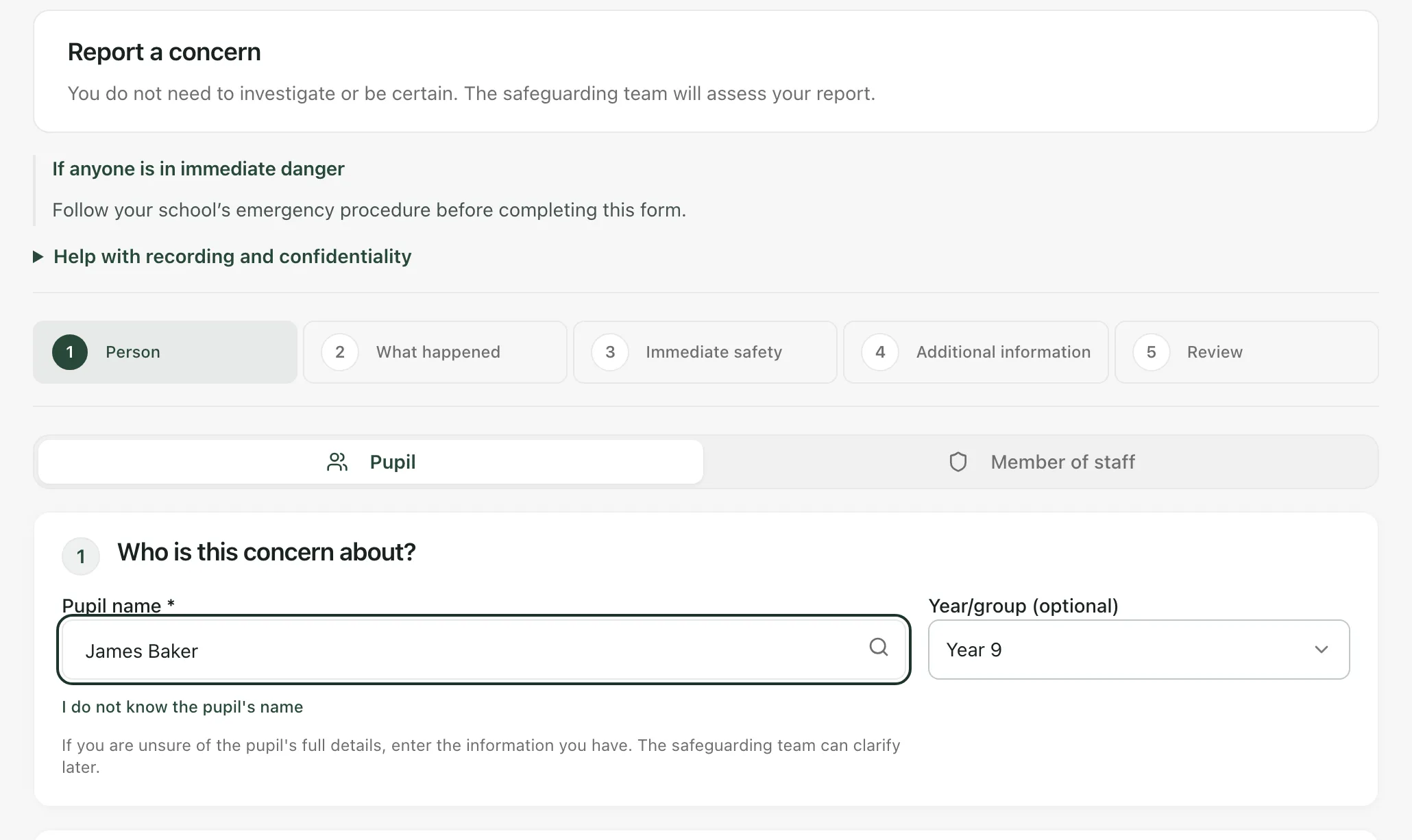 The top of the Report a concern form. Pupil is selected, and James Baker is chosen as the pupil, with Year 9 filled in.